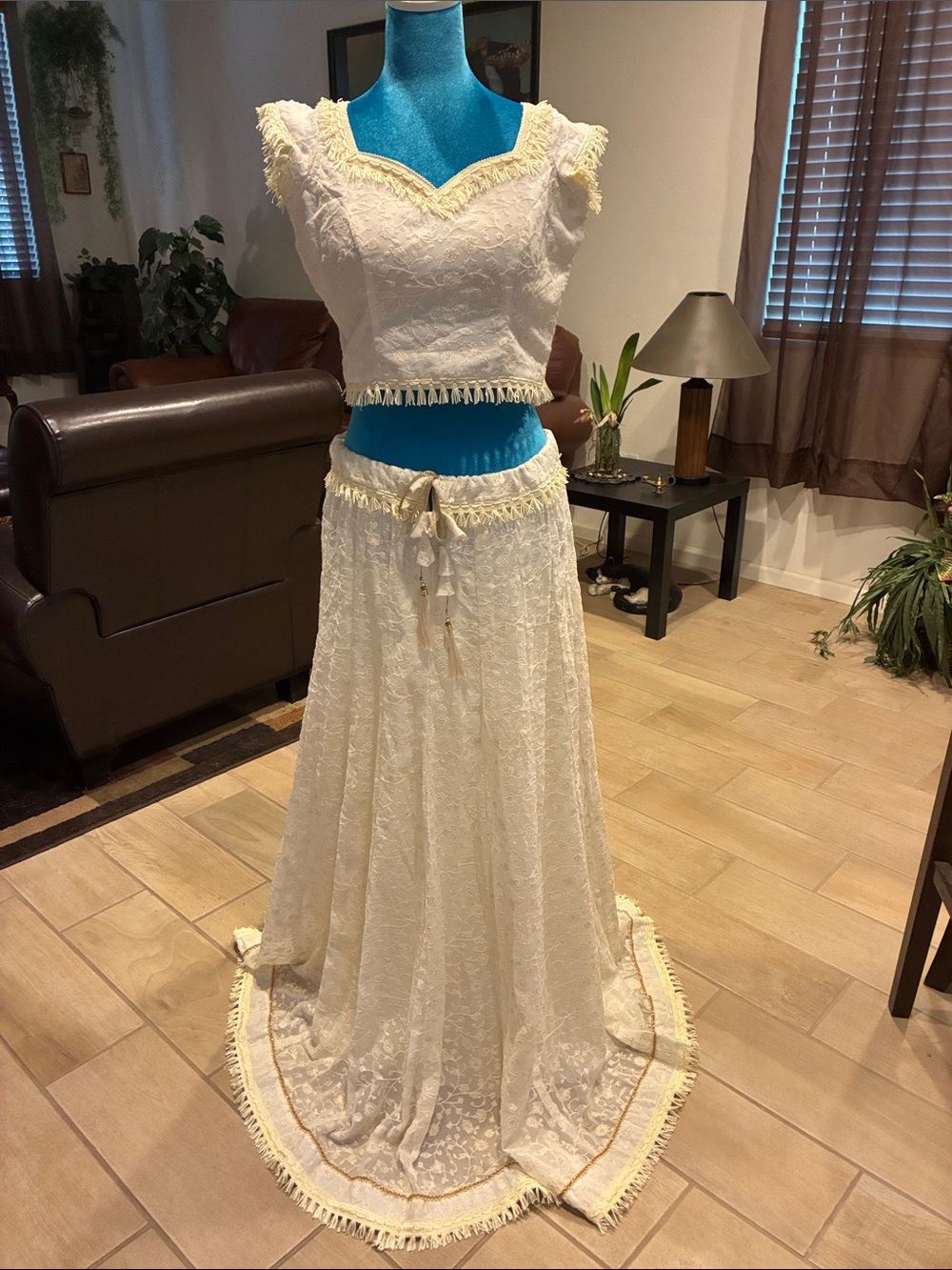 Source Unknown Cream Lace Fringe Maxi Dress Set